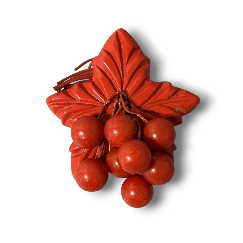 1930s - 40s Cherry Red Bakelite Brooch Carved Leaf Dangling Cherries Huge!